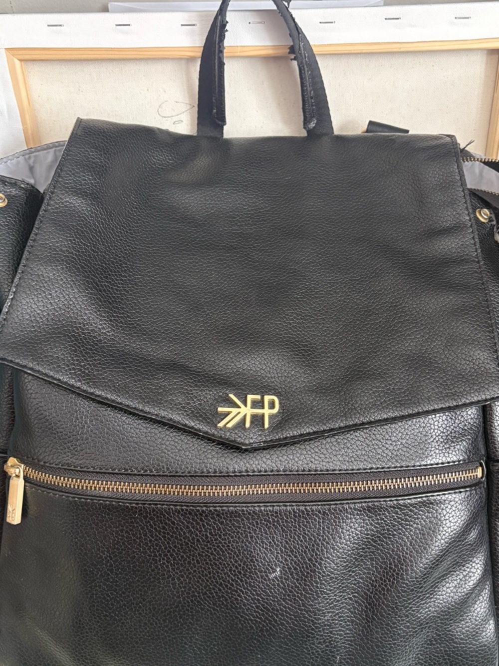 Freshly Picked Black Leather Baby Bag Backpack and Wallet with Gold Hardware